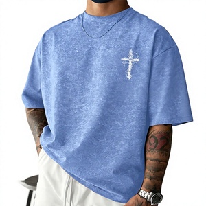 T-shirt en coton bleu surdimensionné pour homme avec imprimé croix blanche, décontracté, manches courtes, col rond, coupe jersey - Product Image 1