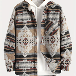 Giacca Casual da Uomo Personalizzata con Stampa Azteca, Bottoni, Maniche Lunghe in Lana, Leggera, con Risvolto, Stile Western - Product Image 1