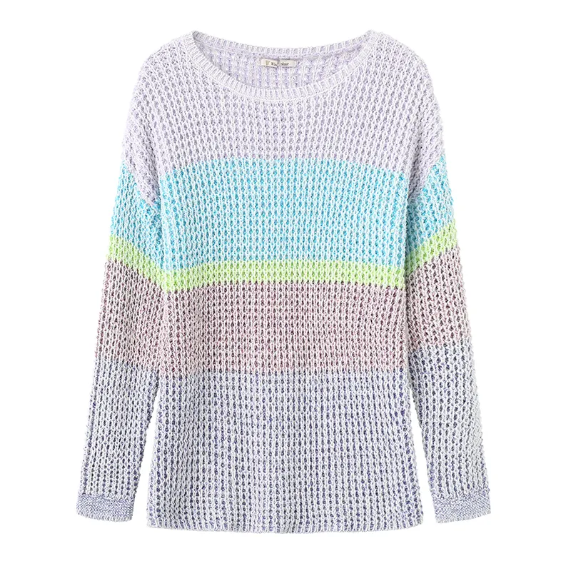 Oversized Knit y2k button striped pattern raw edge V neck for Jeans Casual Pants with Rainbow Knitted Women Sweater