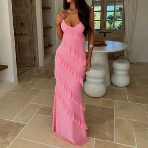 เดรสแม็กซี่สีชมพูสุดฮอตเดรสบอดี้คอนแต่งระบายไม่สมมาตรสำหรับผู้หญิงมีสายรัดสปาเก็ตตี้ของผู้หญิง - Product Image 2