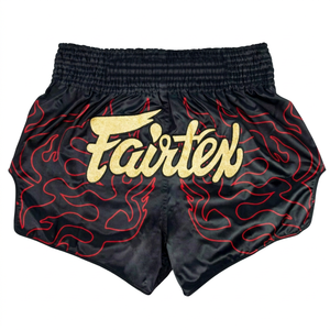 Shorts de boxe Muay Thai pour hommes Fair Tex, motif flamme noire et rouge, en satin, taille élastique, design sportif, respirant, vente en gros RTS - Product Image 1