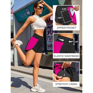 FOXA Pantalones cortos deportivos para mujer, pantalones cortos para correr de cintura alta con bolsillo con cremallera, pantalones cortos deportivos para gimnasio, talla M, negro, rosa - Product Image 4