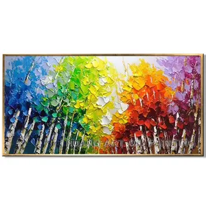 Venta al por mayor pintado a mano colorido cuchillo paisaje pintura al óleo sobre lienzo para decoración moderno abstracto árbol paisaje pared pintura