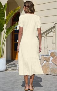 CheChury <span class=keywords><strong>A</strong></span>-ligne Vestido Midi Elegante Para Mujer Vestido Casual De Verano Con Bolsillos Manga Corta <span class=keywords><strong>Y</strong></span> Cuello En V Boho <span class=keywords><strong>Y</strong></span> Bohemio - Product Image 4