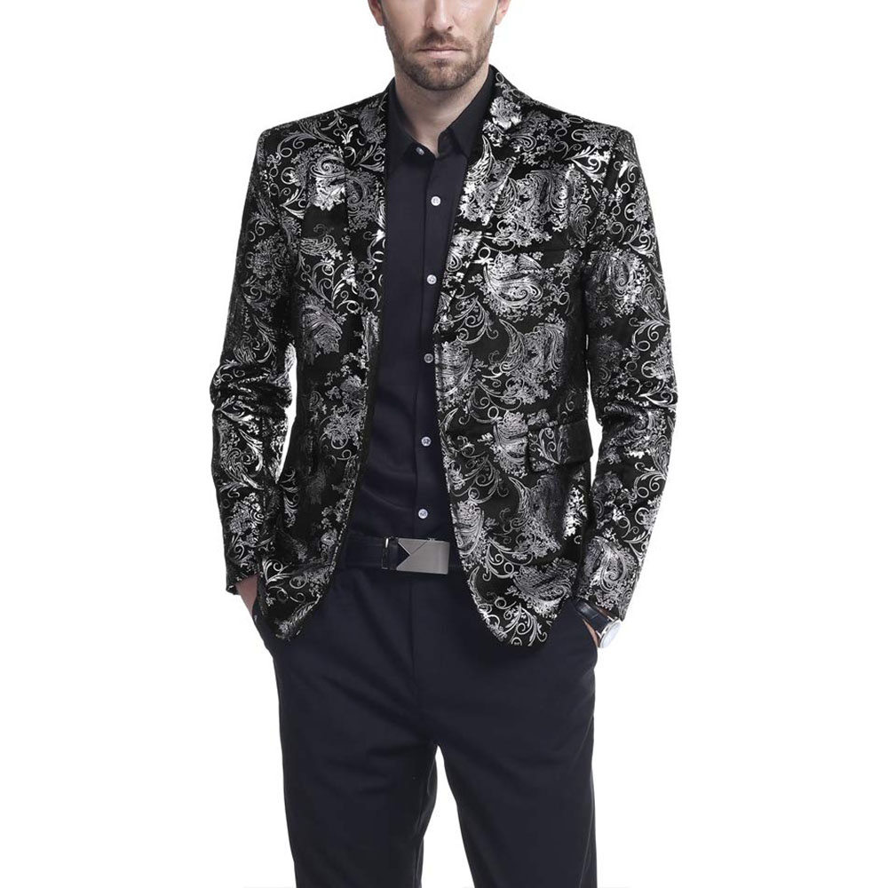 Shinesia Factory Hot Sale Custom Luxury Gold Floral Print Mens Slim Fit Button Blazer Stylish Party Casual Dress Suit