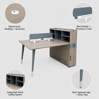 Poste de travail modulaire contemporain en L double avec écran de confidentialité bleu ardoise, meuble supérieur et tiroir verrouillable, support de barre blanc