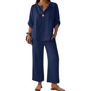 Womens Summer <b>2</b> <b>Piece</b> Lounge <b>Set</b> 3/4 Sleeve V Neck Top Wide Leg Palazzo Pants Breathable Casual Beach Travel Outfits - Product Image 1