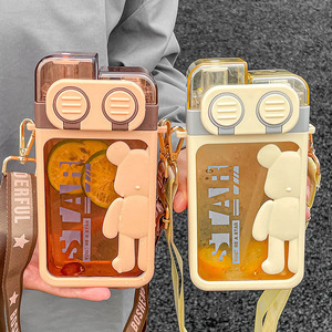 Seaygift Nouvelle Collection Été 2024 Gourde en plastique portable et mignonne en forme d'ours carré, <span class=keywords><strong>double</strong></span> fonction pour boisson, avec paille - Product Image 4