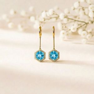 Natural Sky Blue Topaz Cubic Zirconia Hexagon Drop <b>Earrings</b> in 925 Sterling <b>Silver</b> or 18K Gold Filled Elegant Gemstone <b>Dangle</b> - Product Image 1