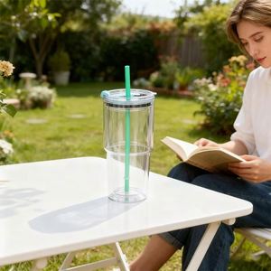 Gobelet isotherme tendance et coloré de 40 oz en plastique à double paroi avec poignée et paille pour la maison, la cuisine et la table à manger - Product Image 1