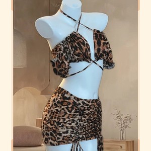 Conjunto de Lencería con Estampado de Leopardo para Mujer, 2 Piezas, con Volantes, Satinado, Sexy, Estilo Falda - Product Image 4