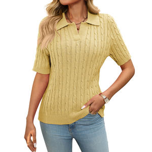 New Arrival Thin Korean V-neck <b>Short</b> <b>Sleeve</b> Cable Sweater Custom Casual Loose Solid Color <b>Knitted</b> <b>Top</b> - Product Image 1