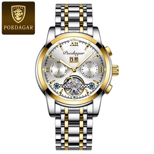 Montre automatique mécanique Poedagar 8051 en acier inoxydable, bracelet en cuir, étanche, lumineuse, pour homme - Product Image 1