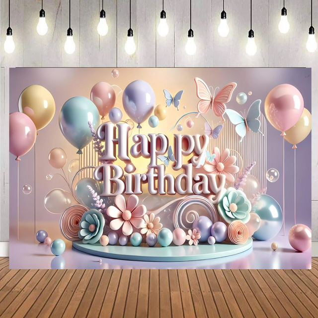 Macaron-color Balloon Butterfly Flower Print 3D Effect Backdrop Kids Baby Girl Party 1st Birthday Decoration Background Backdrop
