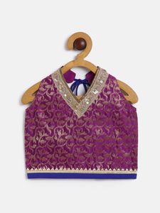 Top con cuello halter de brocado para niñas Twisha y pantalón palazzo de diseño propio en magenta y azul para niños (6 meses a 14 años) - Product Image 4
