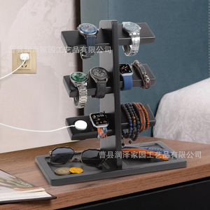 Wooden Watch Stand 3 Tier Black Multi Layer <b>Smart</b> Watch <b>Bracelet</b> Glasses Desktop Storage Rack With Charging Port - Product Image 5