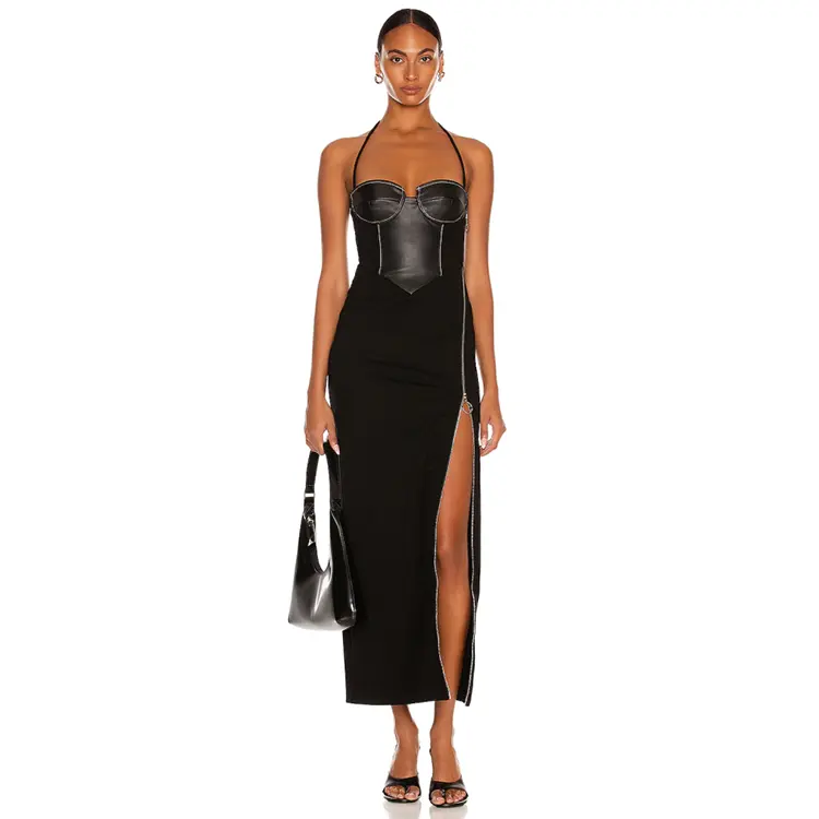 Custom faux leather bodice contrast stitching women slit halter sexy maxi dress