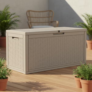 <span class=keywords><strong>Caja</strong></span> de Almacenamiento Exterior Moderna de Plástico PP Moldeado por Inyección, 340L 90GAL, Cuadrada, con Textura de Madera, Impermeable, con Cerradura, Embalaje en Cartón, para Patio - Product Image 3
