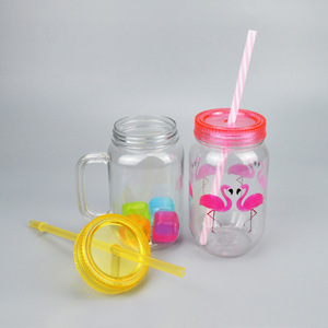 Plastic <b>Mason</b> <b>Jar</b> 550ml <b>With</b> Handle And <b>Straw</b> For Beverage Packaging Party Use - Product Image 4
