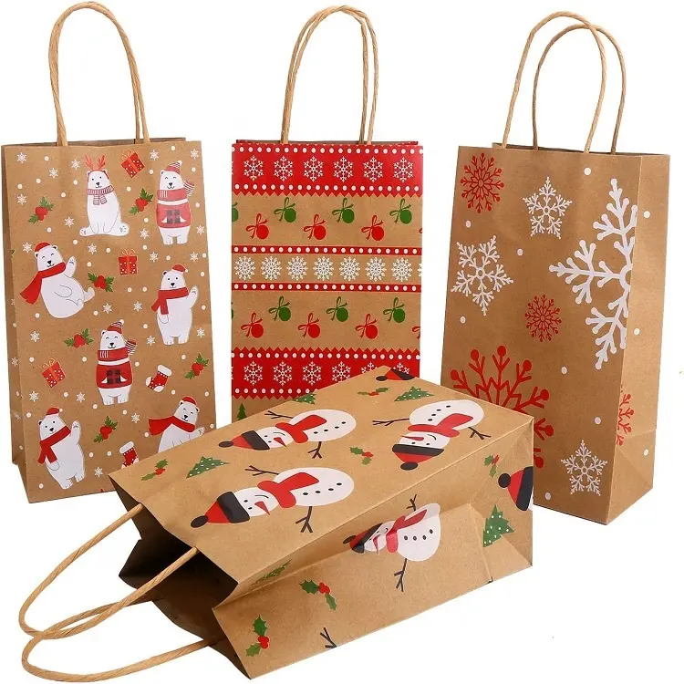 Custom Logo Printed Goody Party Gift Xmas Merry Christmas Kraft Paper Carrier Bag