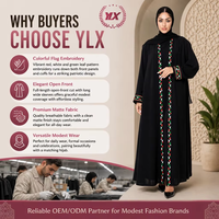 Abaya personnalisée pour femmes, noire, ouverte sur le devant, broderie drapeau rouge, blanc, vert, manches longues, robe musulmane, fabrication OEM