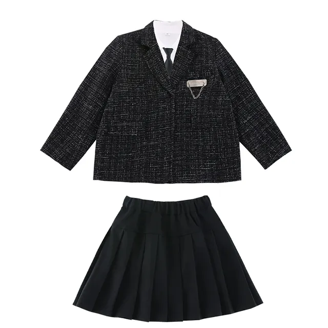 여자 봄 2024 어린이 옷 향기로운 스타일 코트 JK t 셔츠 스커트 3 피스 세트 여자 의류 세트
