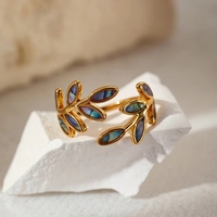 Anillo Abierto Ajustable de Acero Inoxidable con Diseño de Hoja Esmaltada y Baño de Oro de 18K, Joyería Moderna Unisex