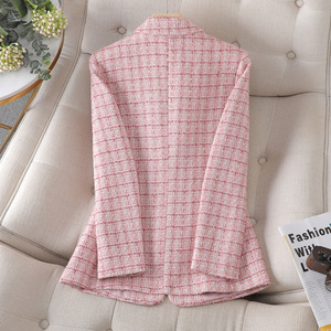 Pink Women's Tweed Blazer Plaid Wool Suit Jacket Slim Fit Autumn Winter 2025 - Product Image 4