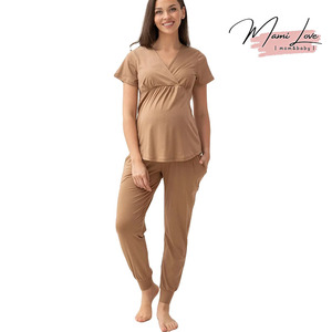 Ensemble pyjama de maternité 2 pièces col en V, pantalon long taille haute, manches courtes, respirant en rayonne - Product Image 1
