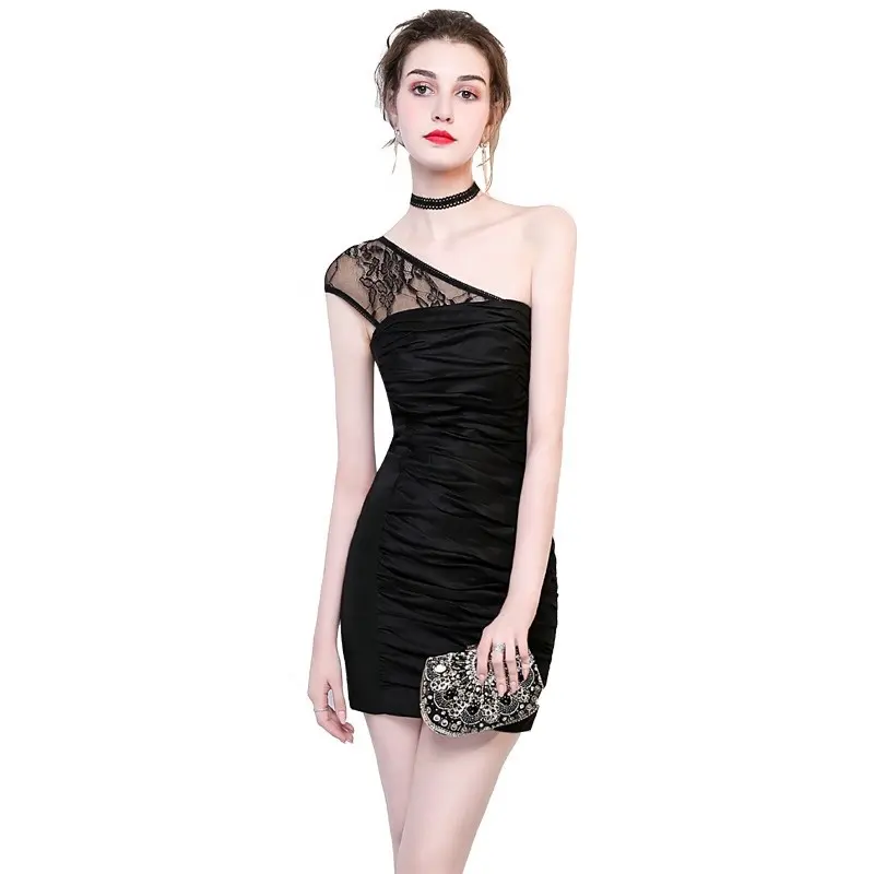 Fashion Plain Lady Elegant Party Sweet Evening Dresses Patchwork Elegant Lace See Through Sexy Lady Cocktail Dress