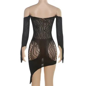 Hollow Out Club Dress For Women Bodycon Tight Fit Mini Dress Sexy See Through Mesh Slim Dress