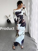 Gaun panjang motif bunga, baju bahu asimetris desain bunga ramping elegan musim semi musim gugur