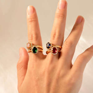 Thời Trang Đa Màu Sắc <span class=keywords><strong>Ruby</strong></span> Emerald Sapphire 18K Vàng Mạ Đồng Mở Vòng CZ Kim Cương Phụ Nữ Nhẫn Trang Sức Set Với Đá Quý - Product Image 3