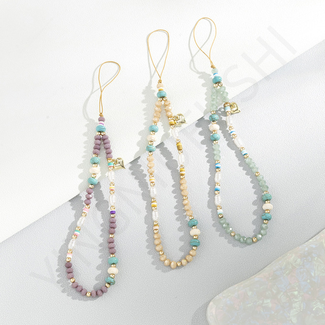 New Korean Colorful Crystal Bead Mobile Phone Chain Wristlet Short Cell Phone Charm Lanyard Wholesale Customized