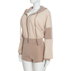 Viviblook D26ST348 <b>Women</b> Autumn Outfits Hooded <b>Long</b> Sleeve Zipper Coat Striped Printed High Waist <b>Shorts</b> Two Pieces Set - Product Image 3