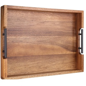 Acacia Wood Serving <b>Tray</b> Solid Wood 12x18 Inch With Metal Handles For <b>Tea</b> Coffee Hotel Use - Product Image 1
