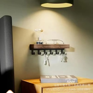Wooden Key Rack With <b>Hooks</b> Wall Mounted Shelf For Entryway Living Room Storage Multipurpose Organizer Charcoal Burnt Color - Product Image 1
