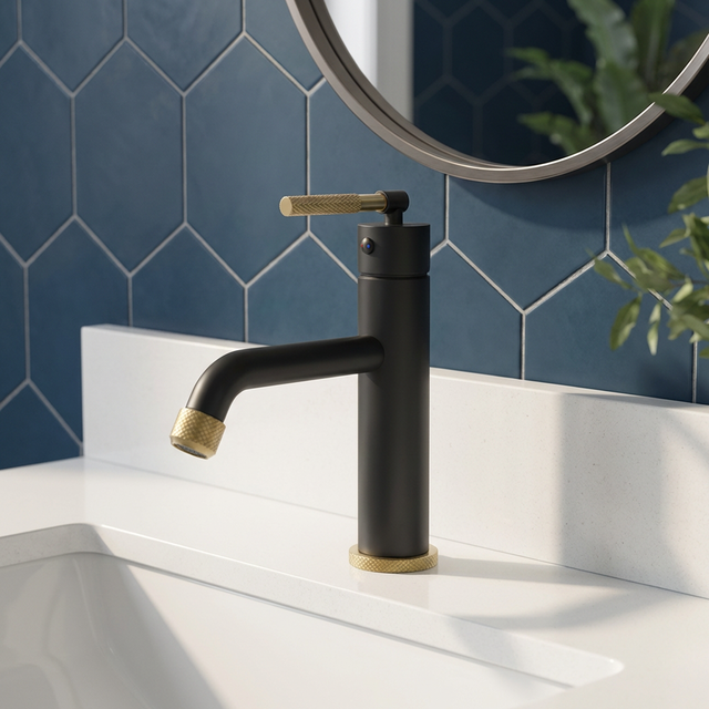 Modern Matte Black Basin Mixer Tap Single Handle Gold Accent Bathroom Vessel Sink Faucet