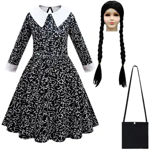 Wednesday Adams Cosplay Costume Black Full Set Short Long Sleeve Dresses Brooch Outfits for Women Halloween Party Role Play