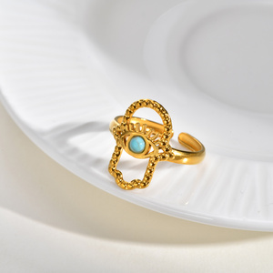 Anillo Nazar <span class=keywords><strong>de</strong></span> Acero Inoxidable 316L con Turquesa y Oro <span class=keywords><strong>de</strong></span> 18K para Mujer, Protección Ojo Turco, Ajustable, Abierto, Impermeable, Joyería Boho - Product Image 5