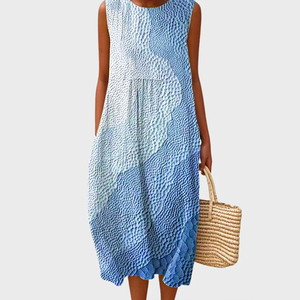 Robe tendance sans manches, col rond, taille élastique, tissu texturé en polyester avec imprimé tortue marine et étoile de mer - Product Image 1