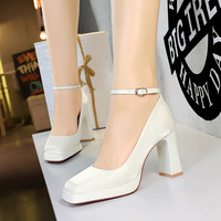 Sepatu Guli Square Toe One-Strap Mary Jane Hak Tipis Gesper Sutra Slip-On Platform Hak Sedang Musim Semi Musim Panas Musim Gugur Tren Fashion Karet