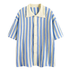 Haute qualité hommes rayé à manches courtes simple boutonnage squelette tricoté pour polos vêtements respirants revers Cardigan - Product Image 5