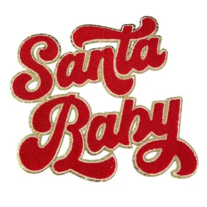 Santa Baby Patch Wholesale 28cm Towel Big Letter Patches Glitter Iron on Sew on Christmas Santa Baby Chenille Patch for Clothing