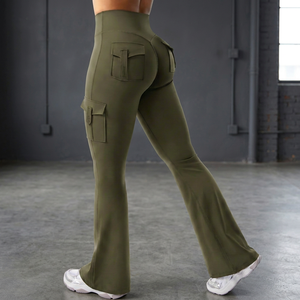 Leggings de yoga évasés taille haute pour femmes, pantalon cargo de sport avec poches discrètes, sans couture avant, en velours, vêtements de sport - Product Image 4