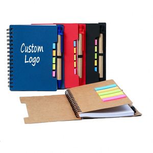 Ensemble de blocs-notes spirales portables avec logo personnalisé, porte-stylo, bloc-notes en papier kraft imprimé en sérigraphie, notes autocollantes, promotionnel pour les salons professionnels - Product Image 1