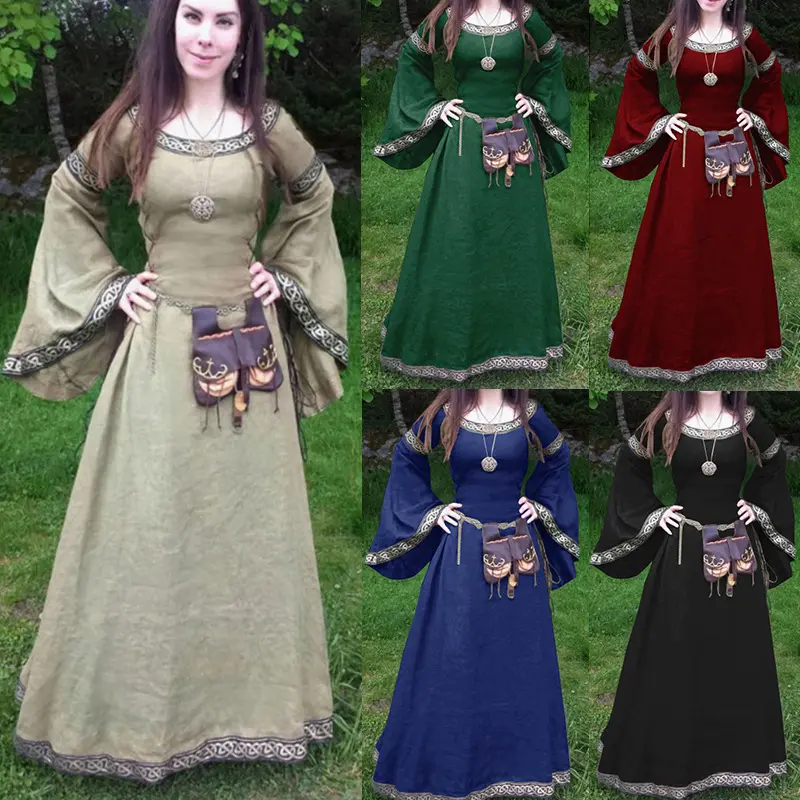 Gaun Korset Wanita, Kostum Cosplay Abad Pertengahan Halloween Retro Victoria Abad Pertengahan Karnaval Lengan Panjang Lipit