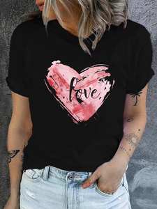 T-shirt da donna nera a maniche corte con scollo rotondo e design a cuore, top casual estivo in tessuto jersey 100% cotone, facile da lavare - Product Image 3