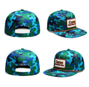 Gorra de béisbol de 5 paneles con parche de cuero, camuflaje, visera plana, lona personalizada, cierre snapback, cuerda, deportiva, para exteriores, elegante, hip hop, rendimiento, moda - Product Image 4