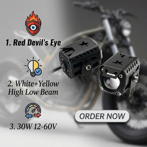 Projecteur LED pour moto JHS, bi-couleur blanc-jaune avec couvercle en forme d'étoile rouge « œil <span class=keywords><strong>du</strong></span> <span class=keywords><strong>diable</strong></span> », lumière auxiliaire pour camion, VTT, OEM - Product Image 1